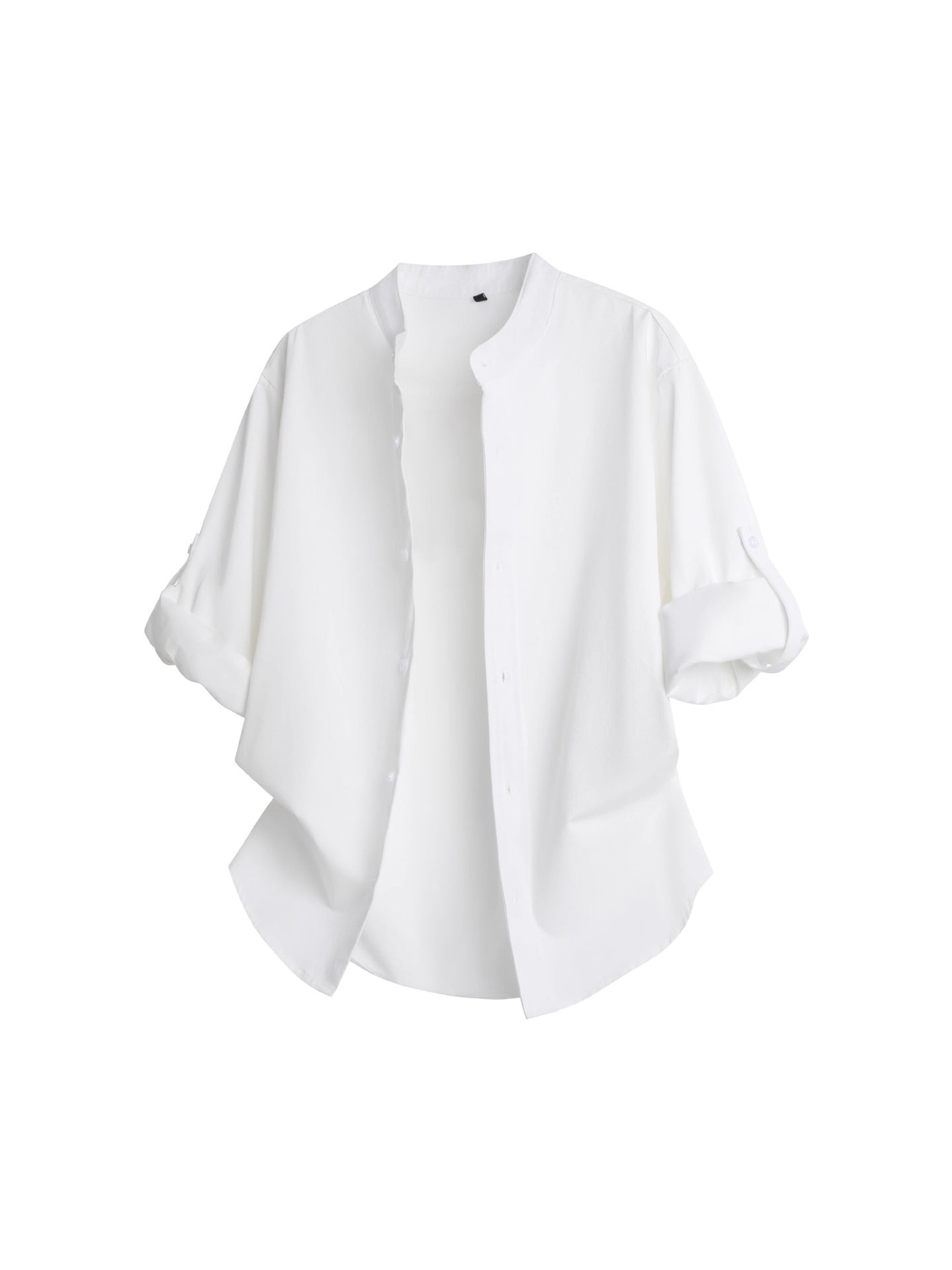 Cross-border 2026 spring and autumn stand collar long-sleeved shirt solid color commute fashion brand rolled sleeves shirt coat men's loose top