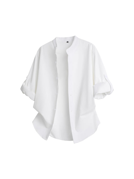 Cross-border 2026 spring and autumn stand collar long-sleeved shirt solid color commute fashion brand rolled sleeves shirt coat men's loose top