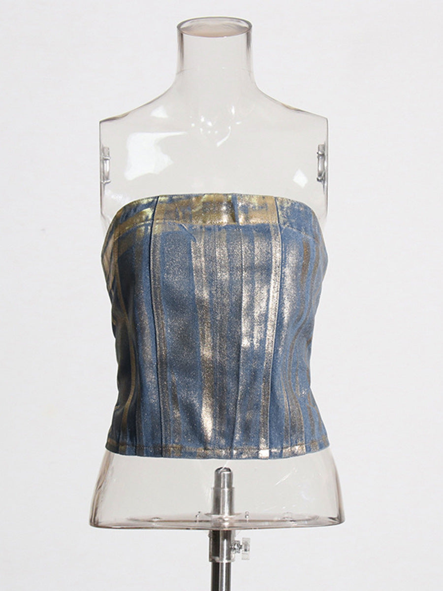 European and American sexy hot girl tube top 2026 spring new fashion trendy vintage bronzing denim tube top women's clothing