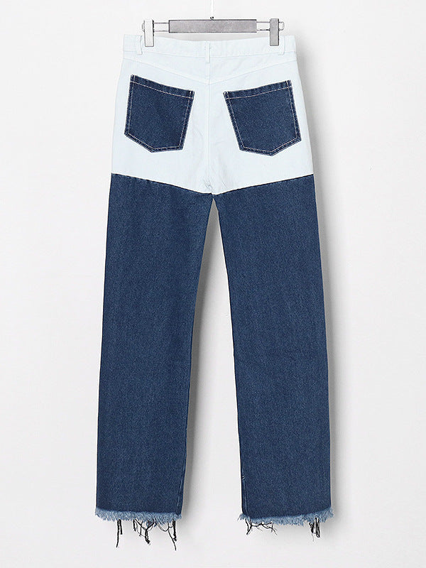Retro contrast color street fashion style 2026 spring and summer new versatile personality ripped hollow-out straight jeans for women