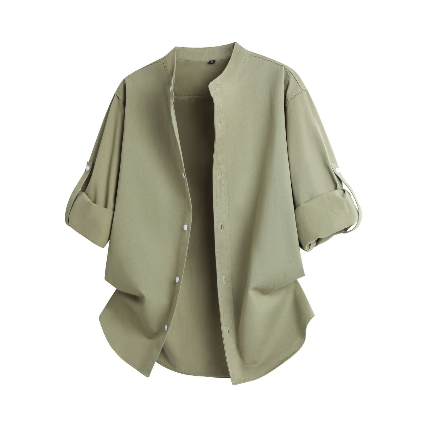 Cross-border 2026 spring and autumn stand collar long-sleeved shirt solid color commute fashion brand rolled sleeves shirt coat men's loose top