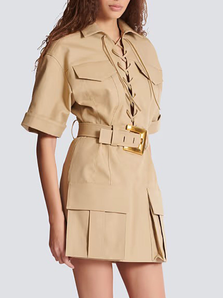 Leisure Cargo style shirt dress 2026 spring new chest strap matching metallic belt solid color short dress