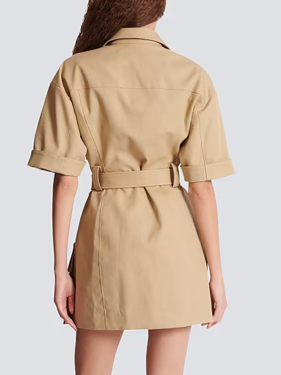 Leisure Cargo style shirt dress 2026 spring new chest strap matching metallic belt solid color short dress