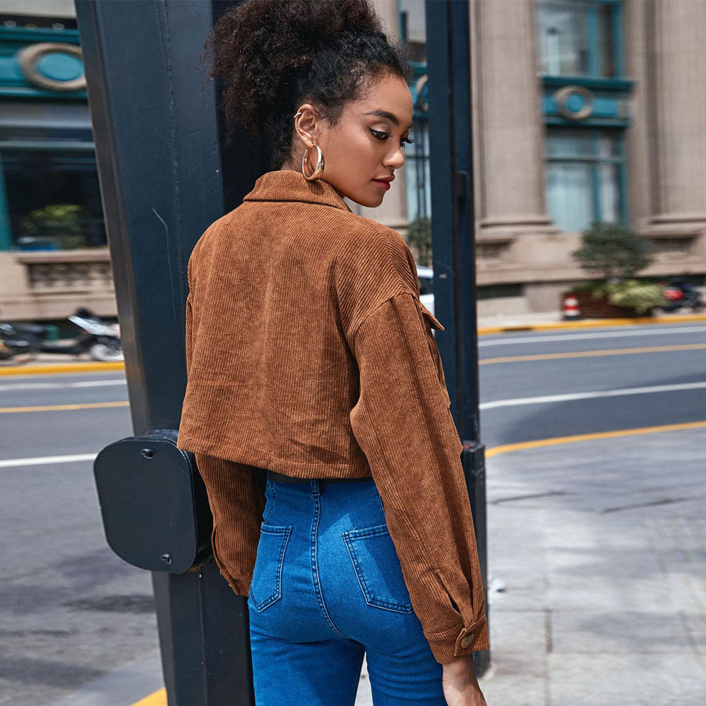 2026 autumn and winter cross-border European and American women's clothing casual single-breasted bellows pocket lapel corduroy long-sleeved jacket jacket