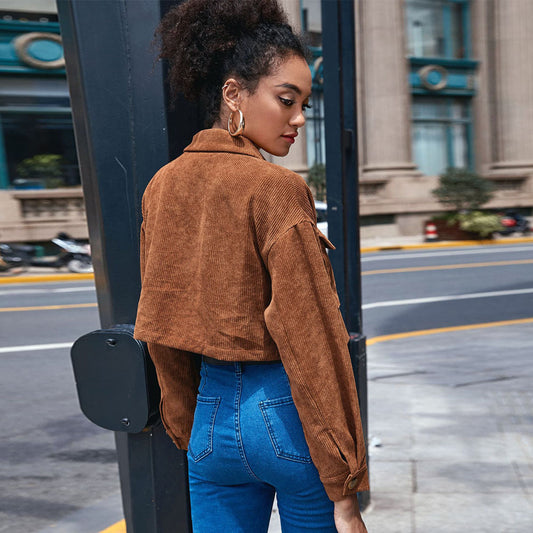 2026 autumn and winter cross-border European and American women's clothing casual single-breasted bellows pocket lapel corduroy long-sleeved jacket jacket