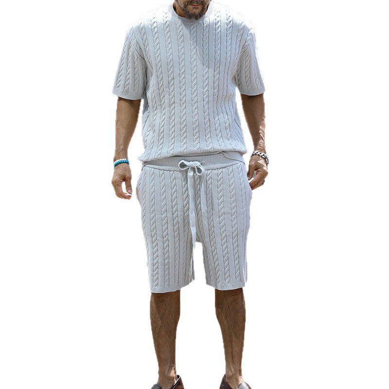 Cross-border European and American 2026 spring and summer new men's round neck knitted short-sleeved shirt loose shorts men's suit