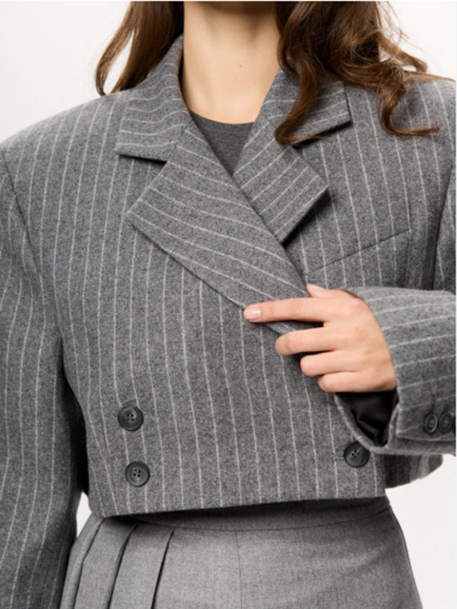 Foreign trade temperament commute style small suit 2026 spring new polo collar gray striped woolen simple easy matching coat