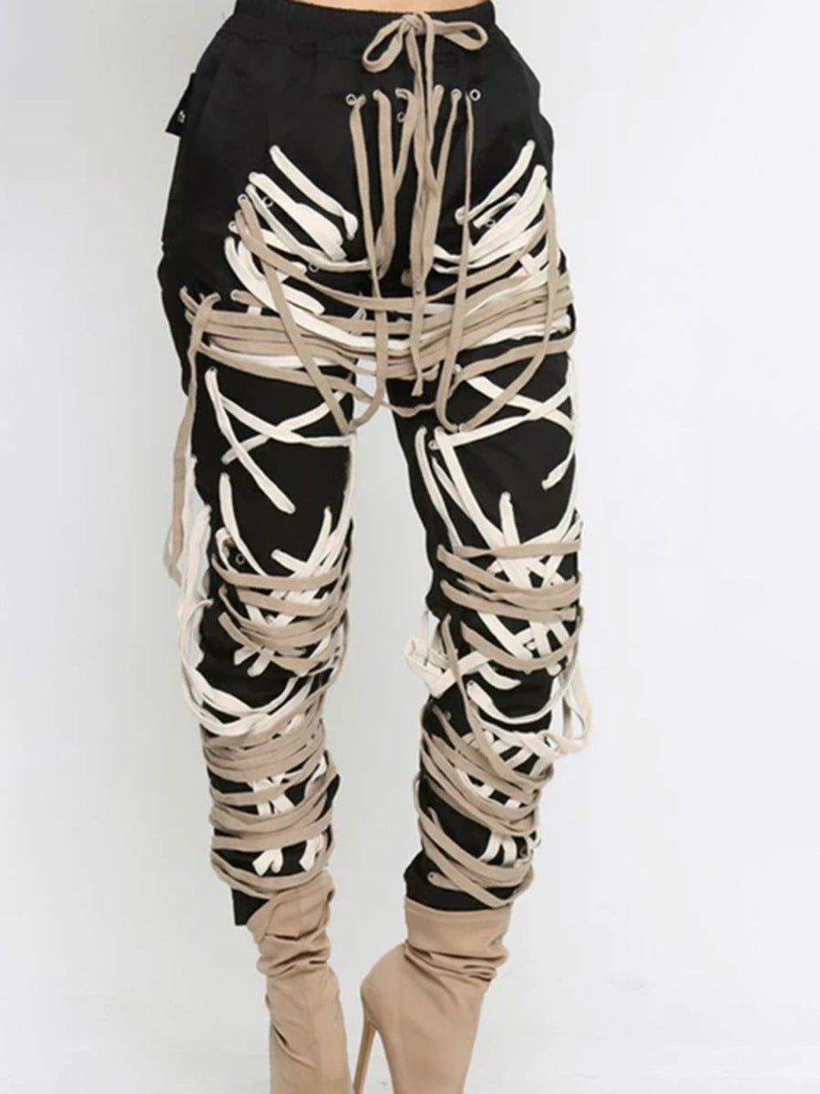 Street cool hipster lace-up trousers 2026 Spring/Summer New drawstring lace-up irregular hip hop style jeans for women