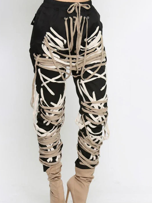 Street cool hipster lace-up trousers 2026 Spring/Summer New drawstring lace-up irregular hip hop style jeans for women