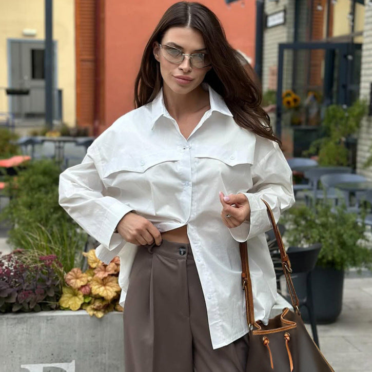 2026 European and American style cross-border new arrival cotton back slit long sleeve lapel shirt Women's temperament commute all-matching top
