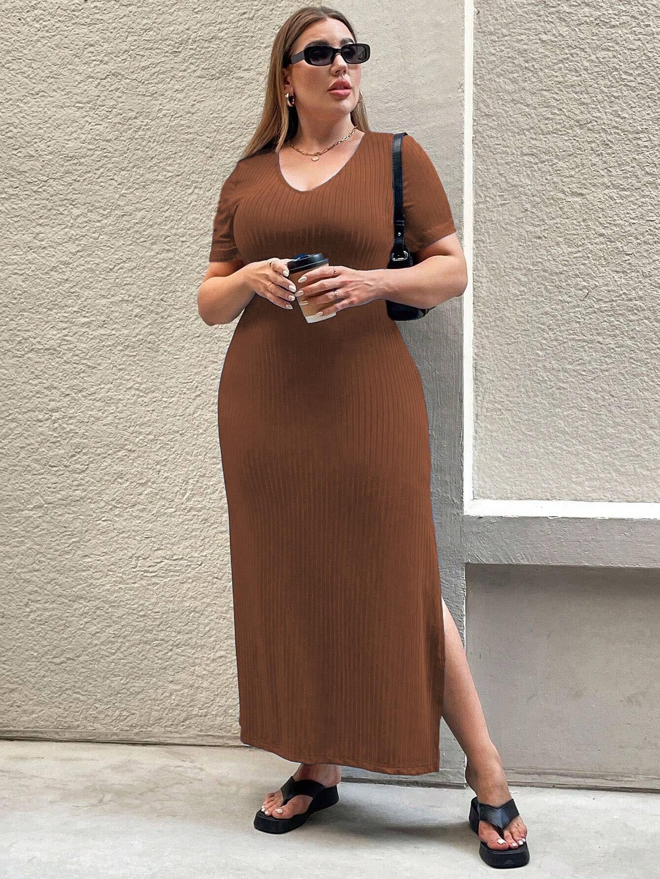 Cross-border European and American plus size women's clothes 2026 new shein temperament waist-controlled split short sleeve dress sheath dress