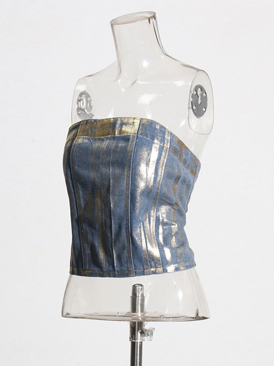 European and American sexy hot girl tube top 2026 spring new fashion trendy vintage bronzing denim tube top women's clothing