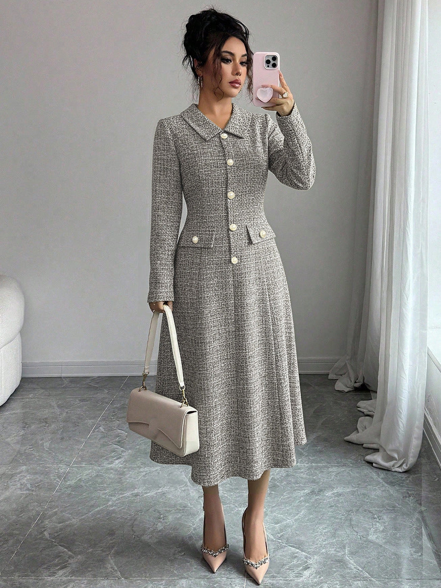 2026 new cross-border Amazon ebay European and American elegant dress foreign trade long sleeve lapel A- line dress mid-length
