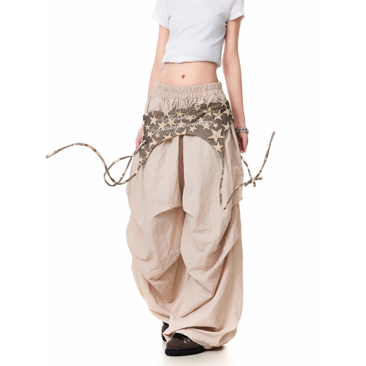 American street pleated accumulation casual pants women's summer loose fart curtain ribbon design sense wide-leg pants tide