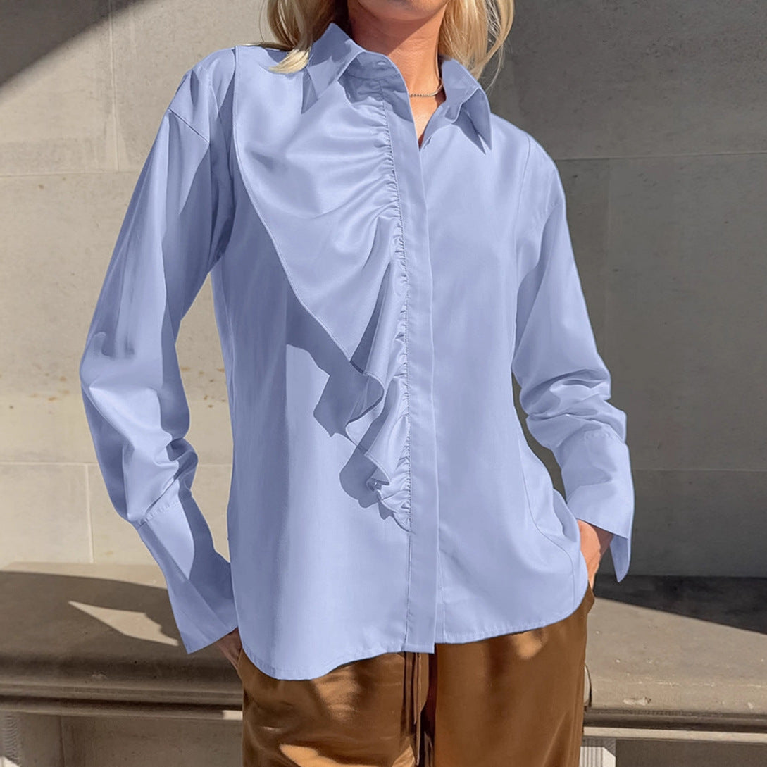 Commuter workplace blue ruffle blouse women's 2026 spring fashion workplace inner lapel women's shirt wholesale