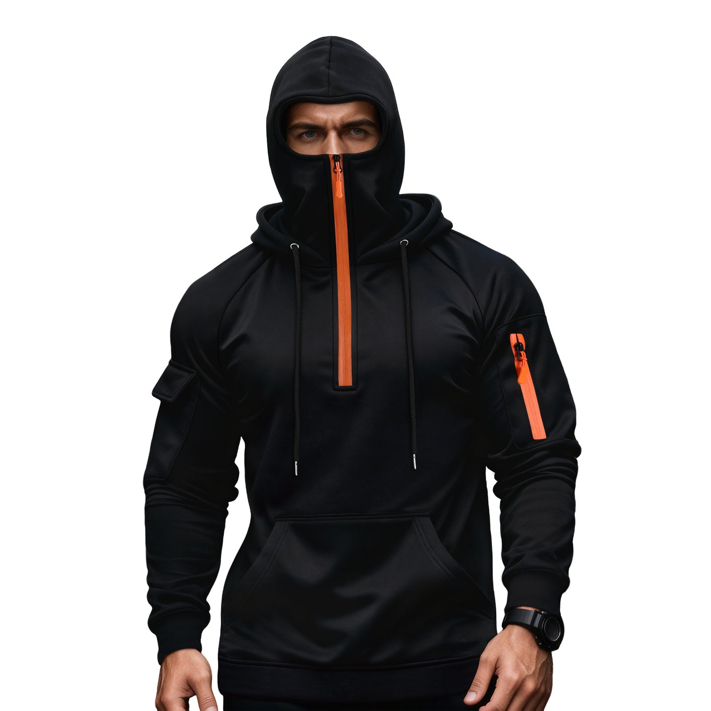 2026 cross-border new arrival men's two-piece suit double-layer hat brushed hoody multi-pocket zipper spring and autumn workwear hoodie