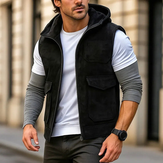 2026 autumn and winter Europe and America cross border new men's hooded suede casual vest solid color fashion zipper vest