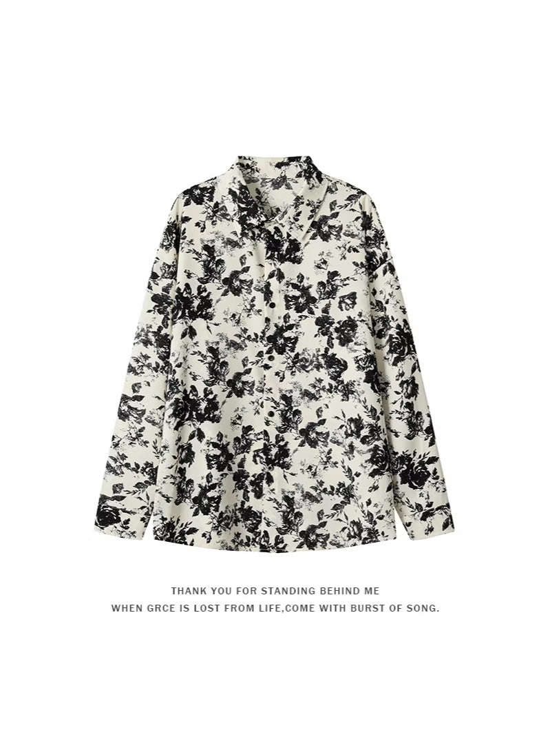 2026 spring Hong Kong style new men's Pu Shuai ice silk printed long-sleeved shirt large size fashion casual beach shirt