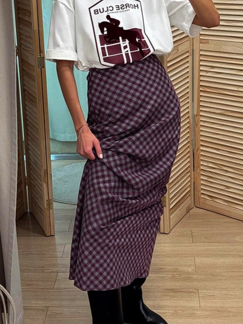 French style retro plaid skirt women's 2026 spring elegant drooping slimming high waist mid-length hip skirt women's clothing