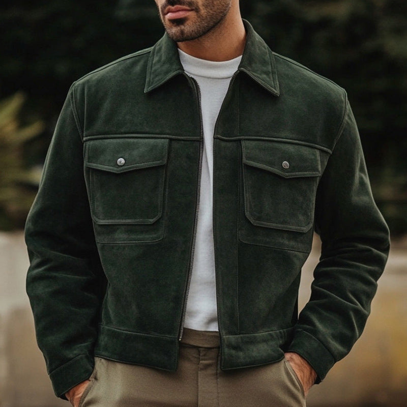 Cross-border European and American 2026 autumn and winter new men's casual fashion short jacket polo collar solid color men's jacket