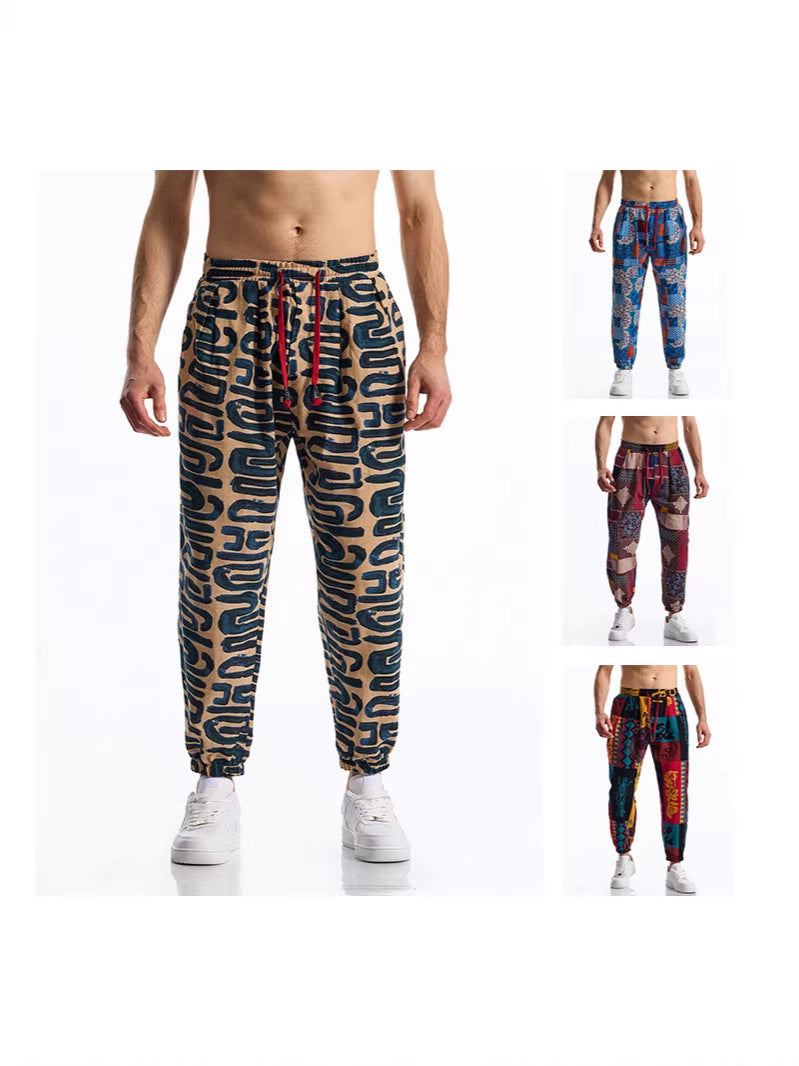 2026 cross-border Amazon new men's loose cotton and linen floral print casual jumpsuit plus size fashion exercise ankle-tied trousers