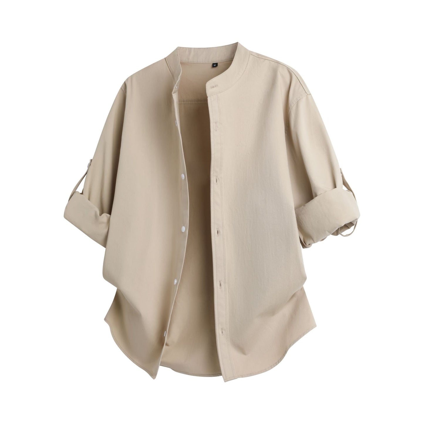 Cross-border 2026 spring and autumn stand collar long-sleeved shirt solid color commute fashion brand rolled sleeves shirt coat men's loose top