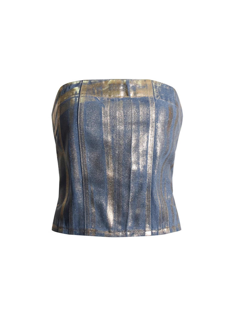European and American sexy hot girl tube top 2026 spring new fashion trendy vintage bronzing denim tube top women's clothing