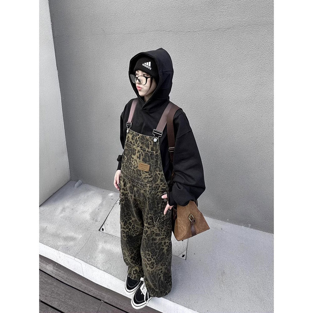 American retro street style leopard print pocket suspender pants women's spring and autumn loose ins trendy all-matching wide leg casual pants