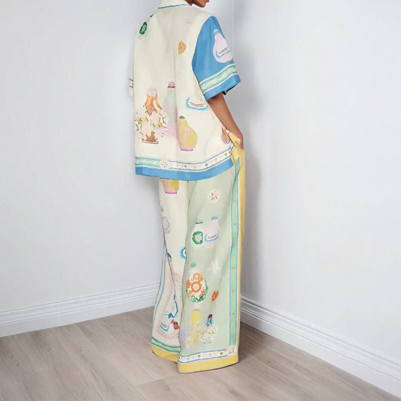 2026 spring new cross-border European and American commuters' casual all-matching printed lapel patchwork wide-leg pants fashion suit women