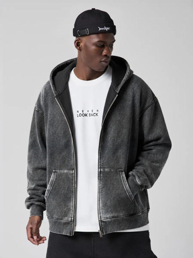 2026 autumn and winter fleece-lined thickened hooded cardigan sweater men's loose all-match retro couple original design top