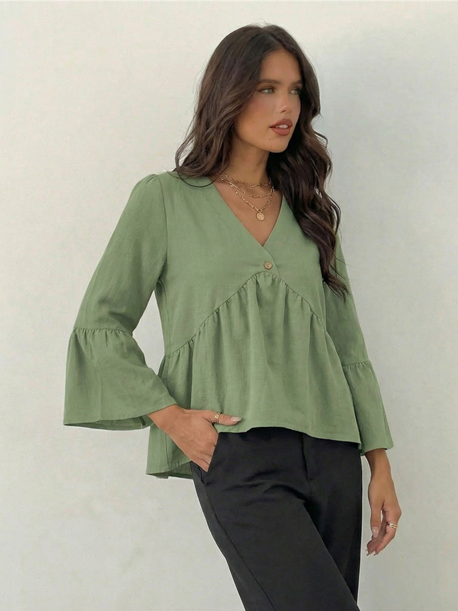 Cross-border European and American retro V-neck shirt 2026 New Amazon independent station Foreign Trade women's clothing shirt pullover top