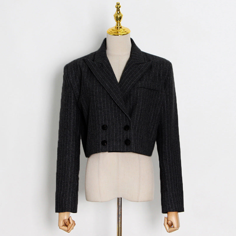 Foreign trade temperament commute style small suit 2026 spring new polo collar gray striped woolen simple easy matching coat