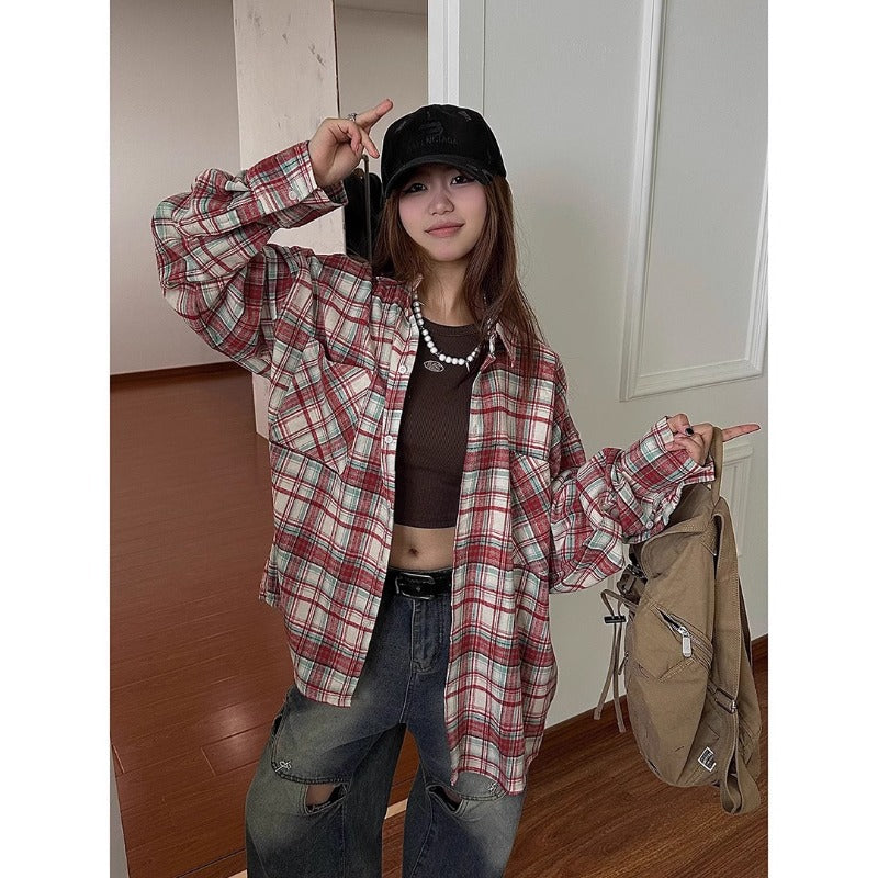 Women's American-style retro plaid shirt spring and autumn fashion brand loose leisure all-matching couple shirt coat