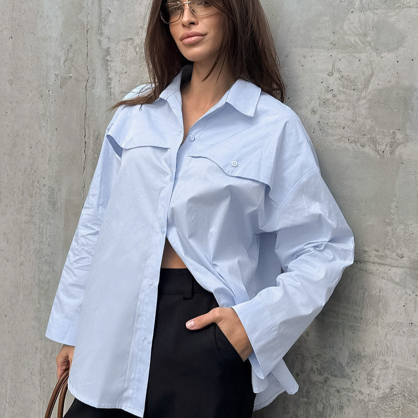 2026 European and American style cross-border new arrival cotton back slit long sleeve lapel shirt Women's temperament commute all-matching top