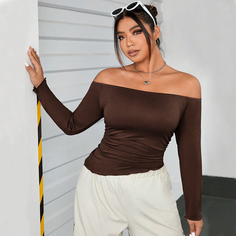 Cross-border European and American plus size women's clothes 2026 autumn and winter Brown off-shoulder long sleeve T-shirt sexy solid color top