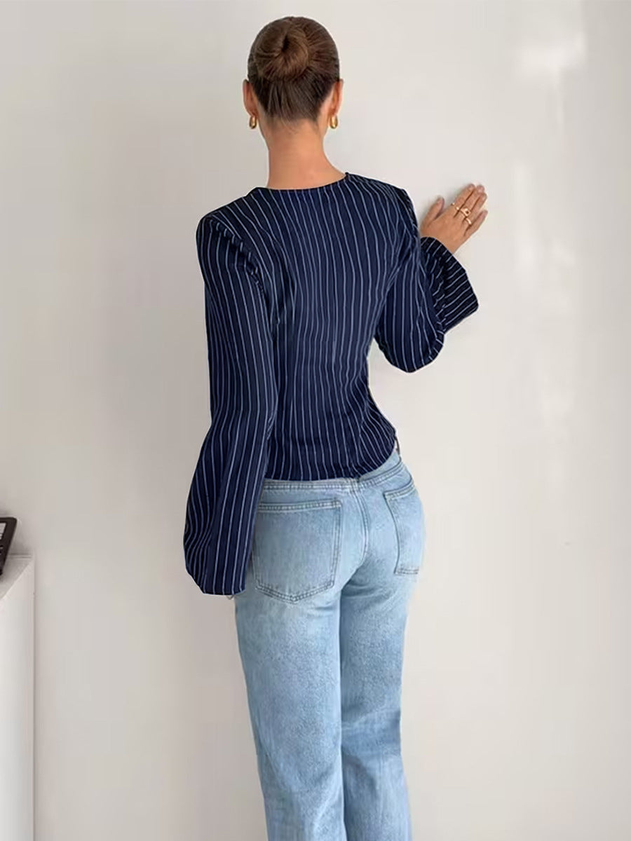 Cross-border European and American women's clothing fashion striped v-neck shirt long sleeve 2026 Amazon foreign trade cinched blouse pullover