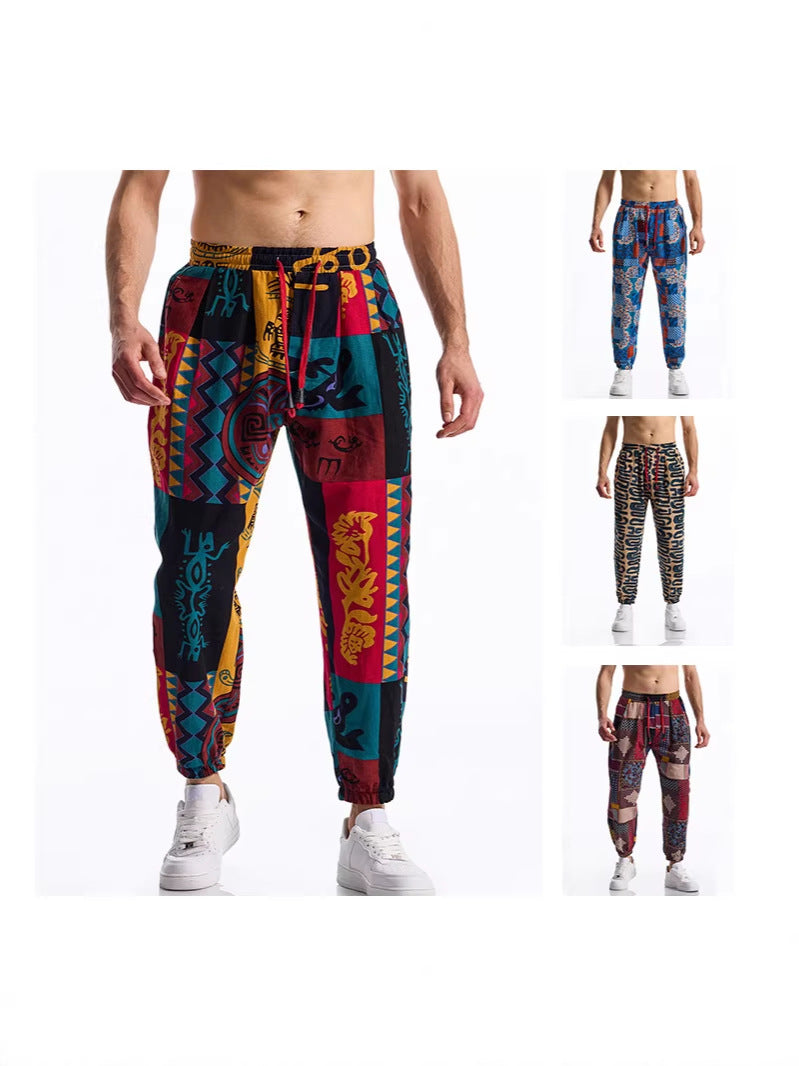 2026 cross-border Amazon new men's loose cotton and linen floral print casual jumpsuit plus size fashion exercise ankle-tied trousers