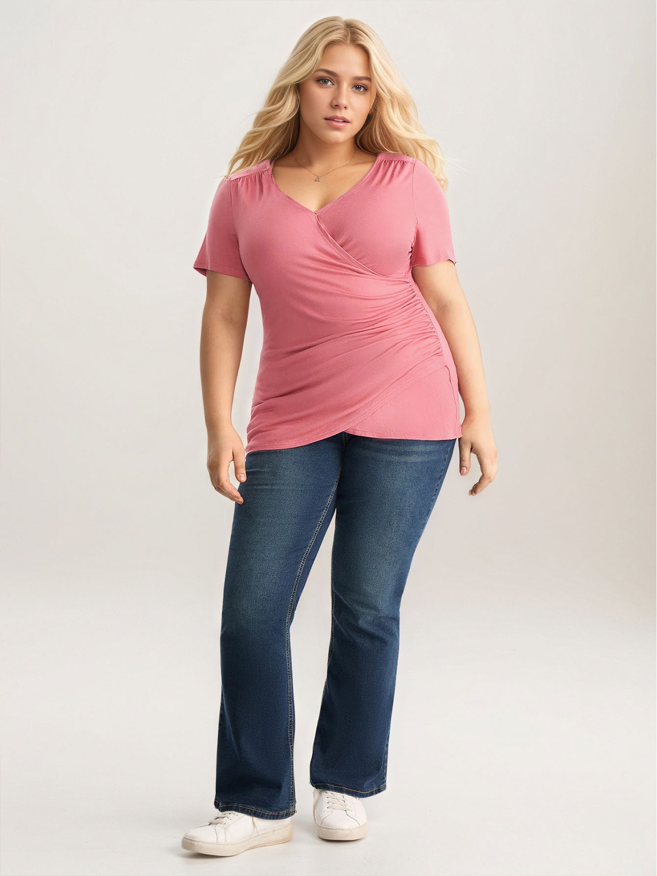 2026 New Amazon cross-border large size women's pink simple style all-match commute T-shirt figure flattering short sleeve top