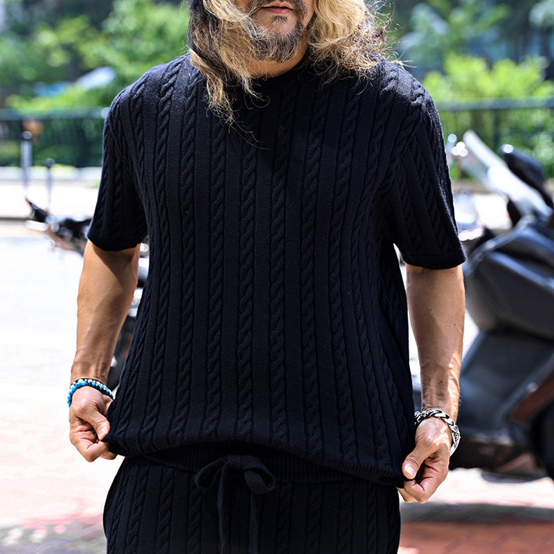 Cross-border European and American 2026 spring and summer new men's round neck knitted short-sleeved shirt loose shorts men's suit