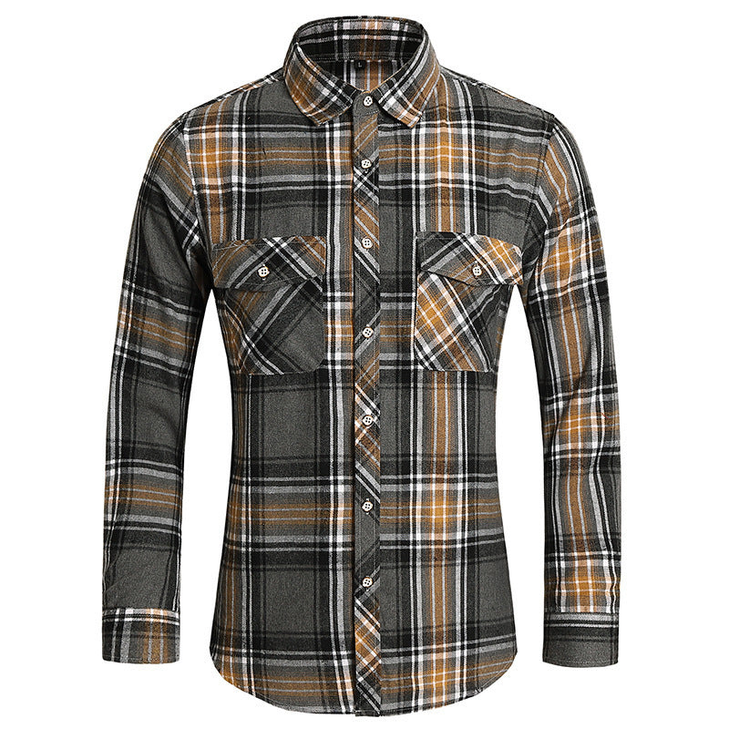 2026 cross-border new arrival men's plaid long-sleeved shirt fashion double pocket casual large size shirt men's coat top