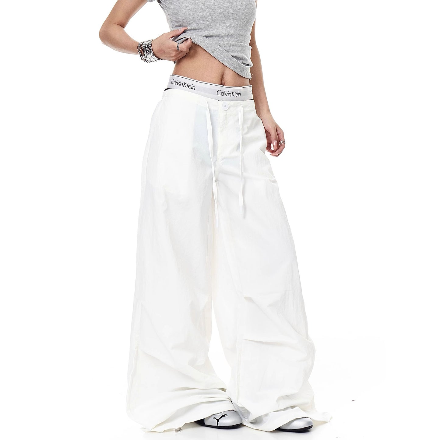 Retro drawstring pleated quick-drying paratrooper pants women's summer New loose niche drape wide leg skinny casual pants fashion