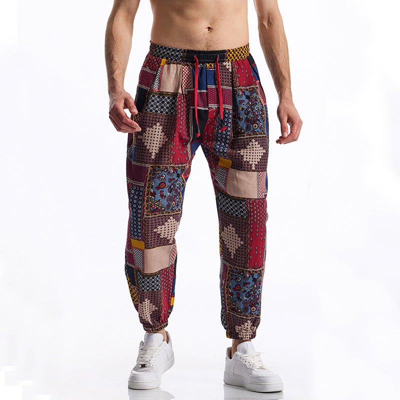 2026 cross-border Amazon new men's loose cotton and linen floral print casual jumpsuit plus size fashion exercise ankle-tied trousers