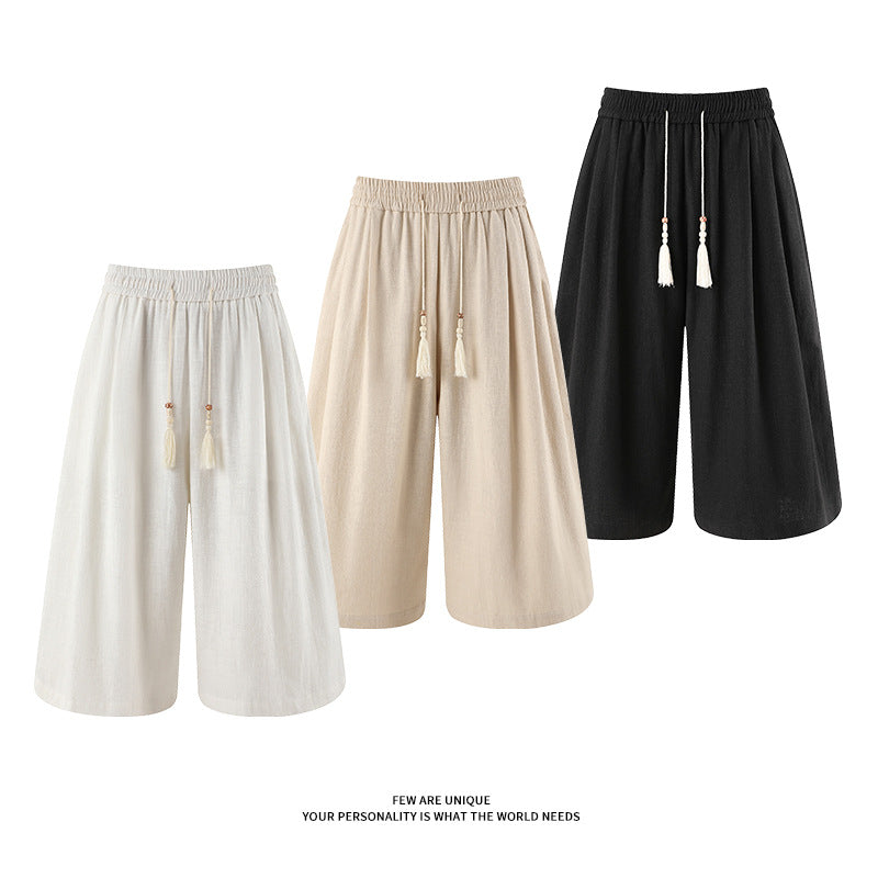 Cross-border 2026 Summer new men's retro cotton linen wide-leg pants cropped pants casual pants straight-leg pants loose men's pants