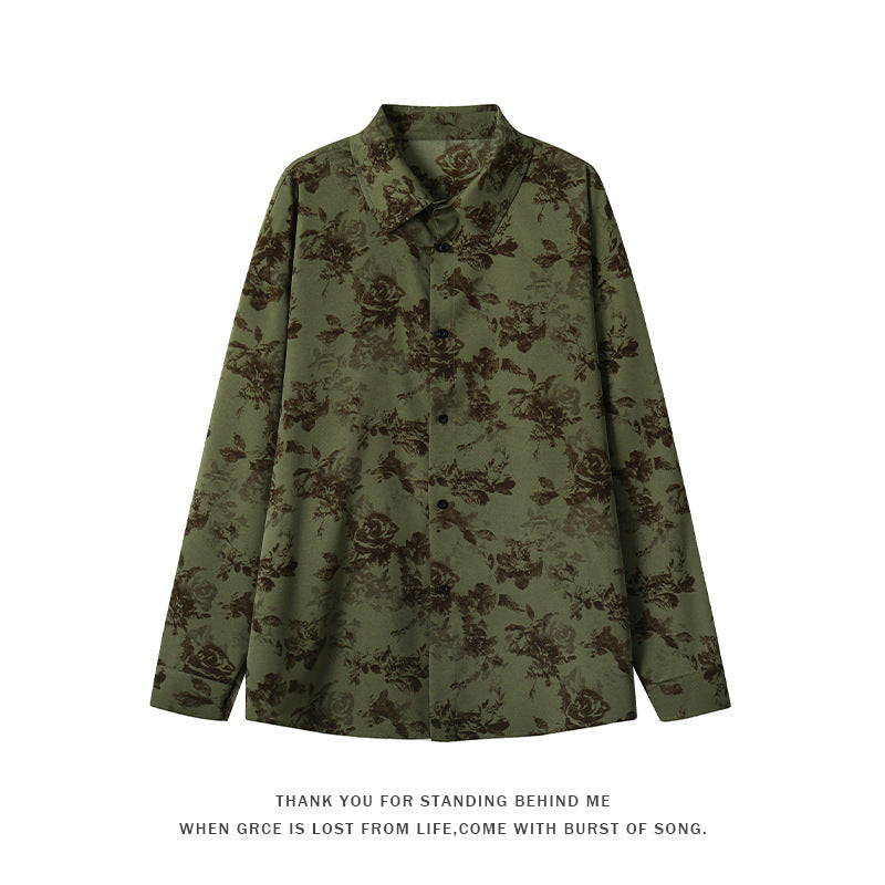 2026 spring Hong Kong style new men's Pu Shuai ice silk printed long-sleeved shirt large size fashion casual beach shirt