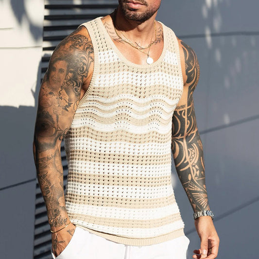 2026 spring/summer Europe and America cross border new men's knitted sleeveless round neck multicolor casual woolen vest men's top