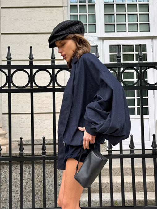 2026 Amazon cross-border foreign trade women's blue denim suit loose puff sleeves shirt and shorts two-piece set female