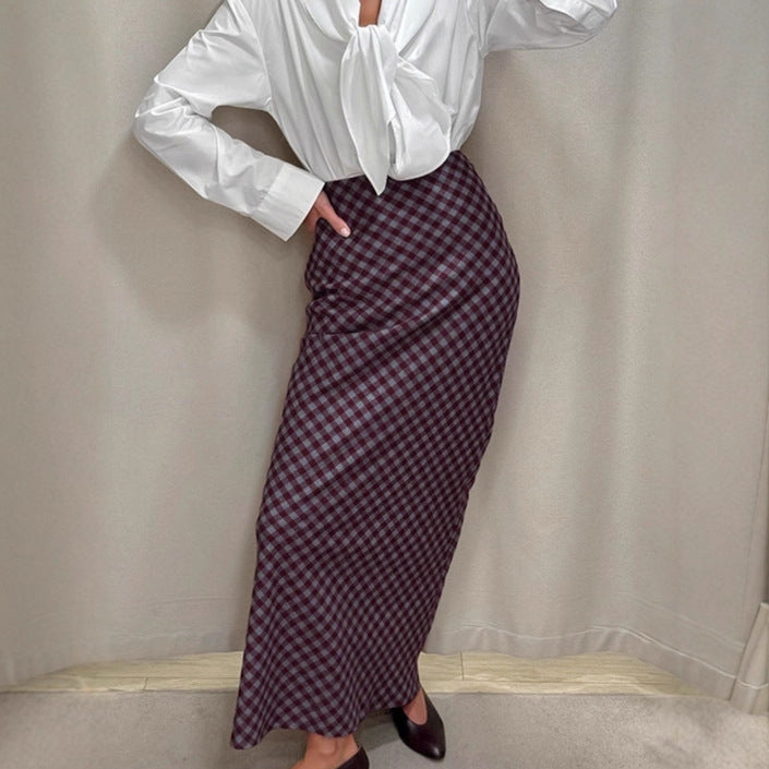 French style retro plaid skirt women's 2026 spring elegant drooping slimming high waist mid-length hip skirt women's clothing