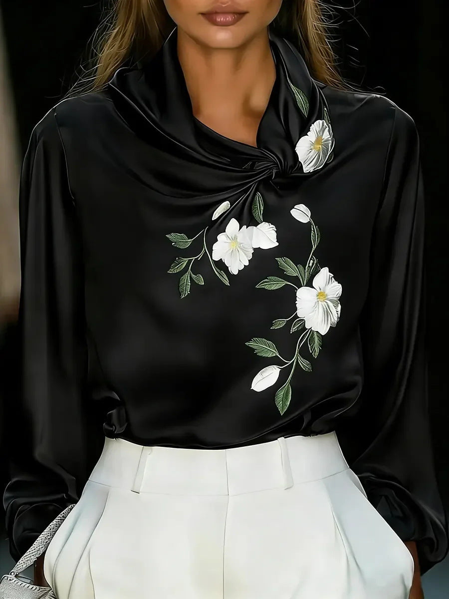 2026 new spring foreign trade women's clothing independent stand printed stand collar long sleeve casual loose satin blouse women's shirt