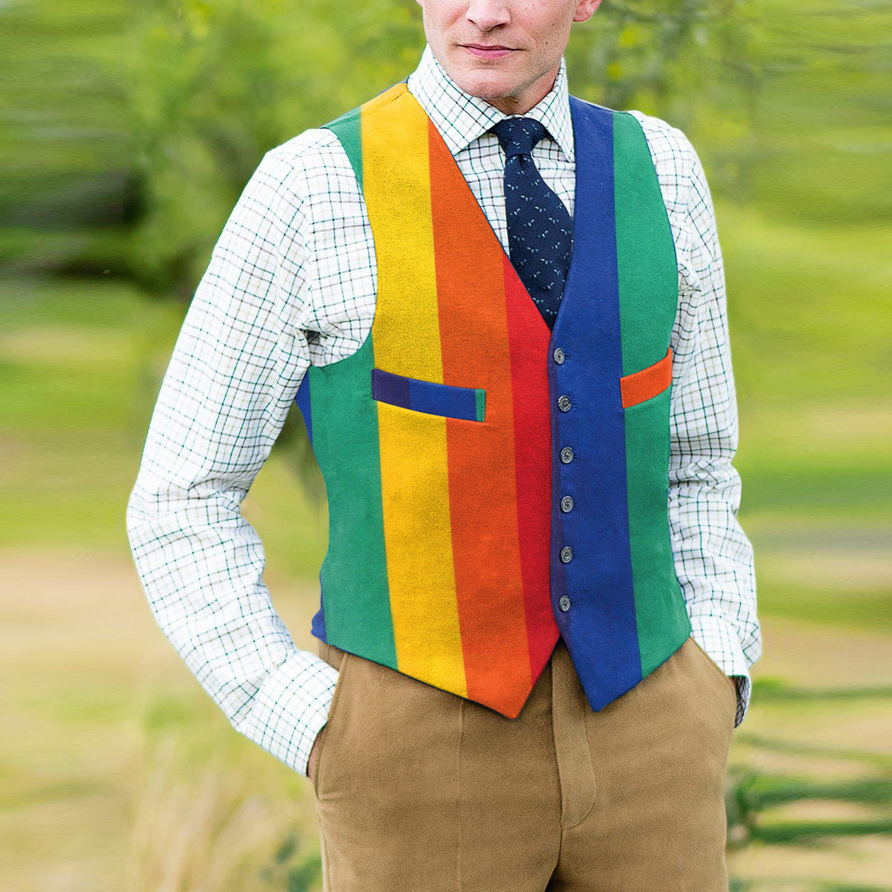 2026 European and American new men's wear slant-cut bottom casual geometric color Four Seasons slim single-breasted men's waistcoat