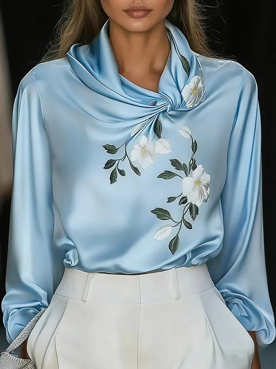 2026 new spring foreign trade women's clothing independent stand printed stand collar long sleeve casual loose satin blouse women's shirt